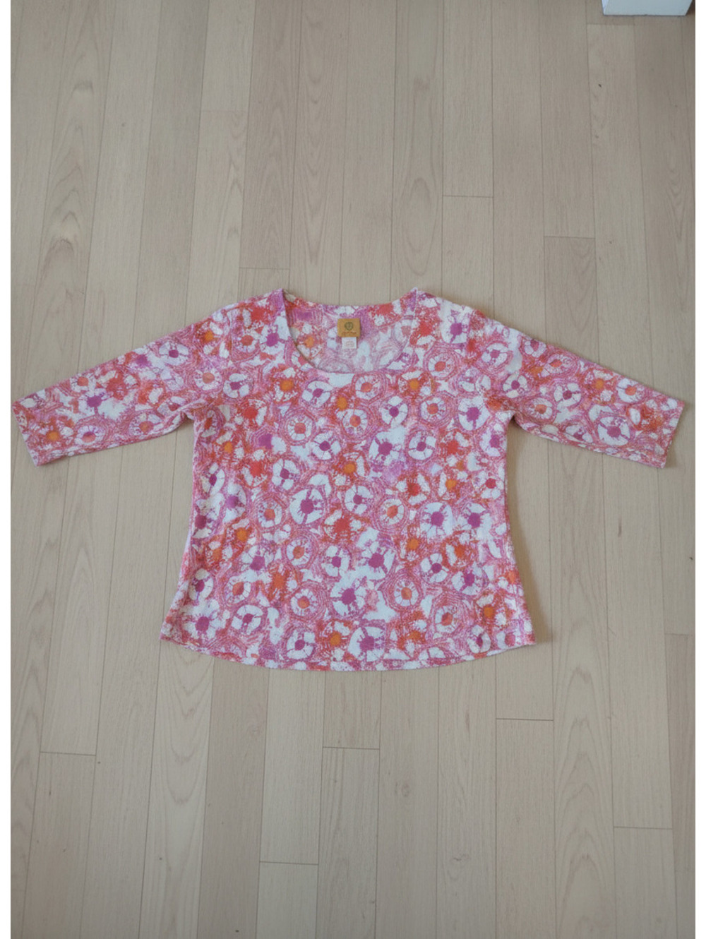 Ruby Rd. Pink White Floral Tie Dye 3/4 Sleeve Scoop Neck Top XL